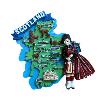 Scotland Polyresin Fridge Magnet with Map with Bagpiper & Landmarks