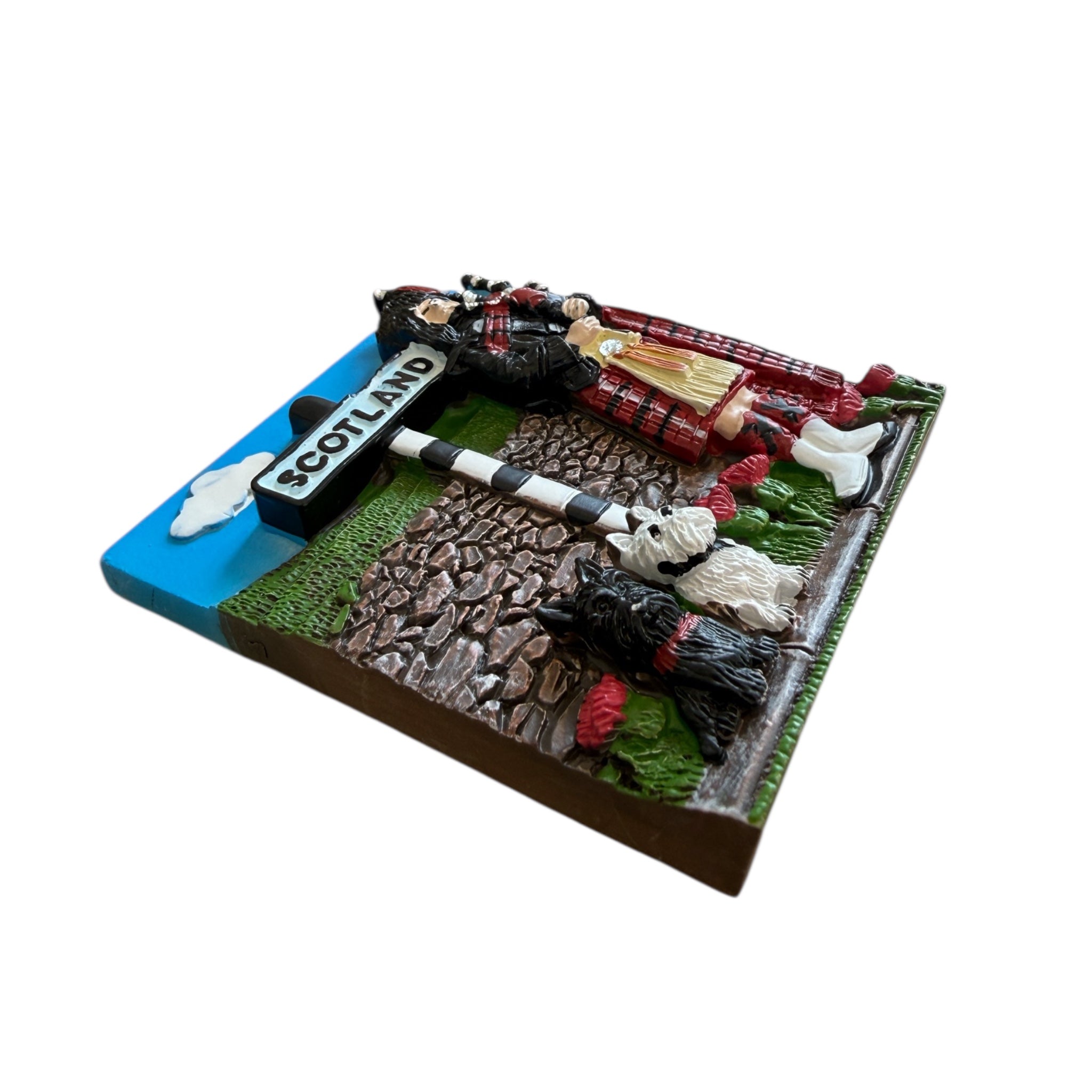 Scotland Polyresin Fridge Magnet with Bagpiper ,Highland Scene & Terrier Dogs Souvenir