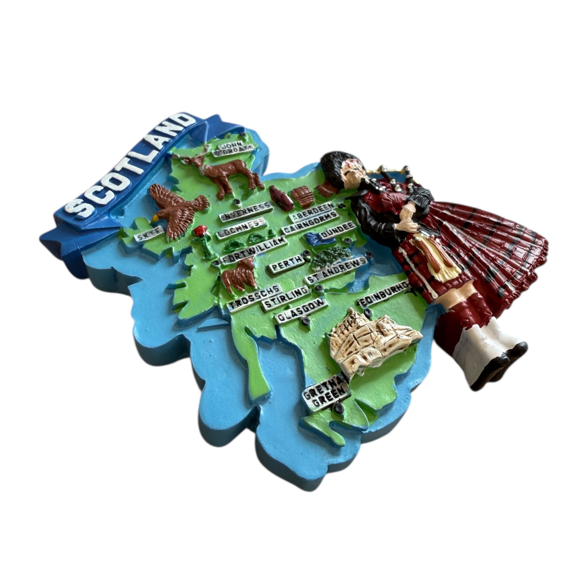 Scotland Polyresin Fridge Magnet with Map with Bagpiper & Landmarks