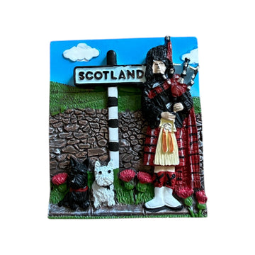 Scotland Polyresin Fridge Magnet with Bagpiper ,Highland Scene & Terrier Dogs Souvenir