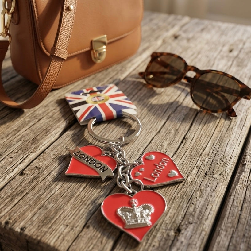 London Collection Triple Red Heart & Royal Crown Souvenir Keychain