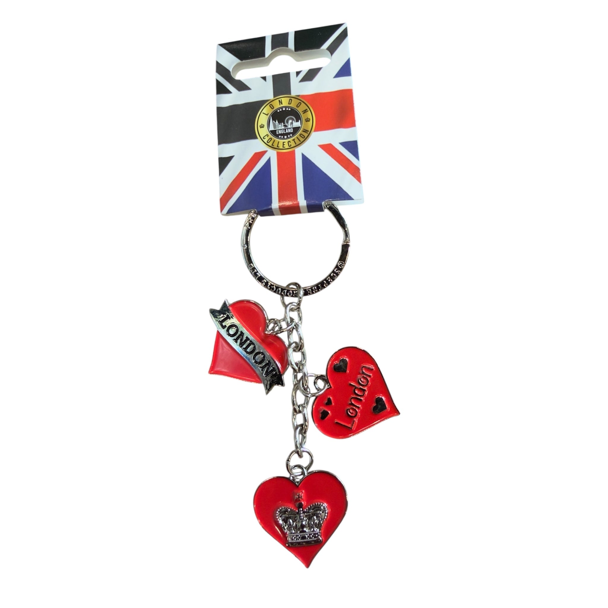 London Collection Triple Red Heart & Royal Crown Souvenir Keychain