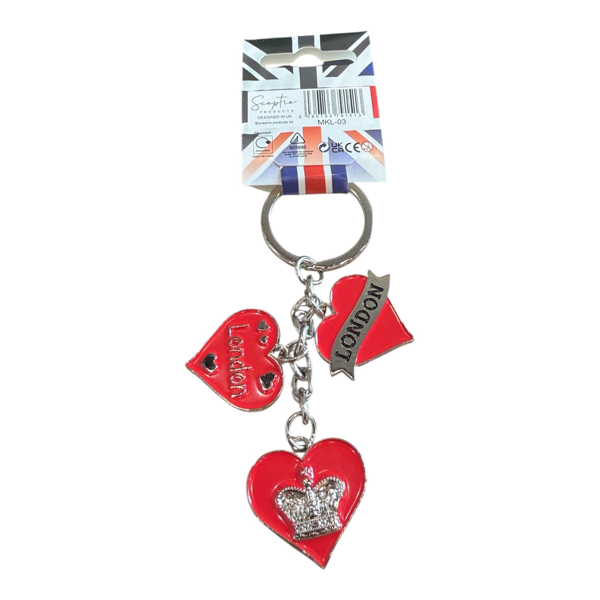 London Collection Triple Red Heart & Royal Crown Souvenir Keychain