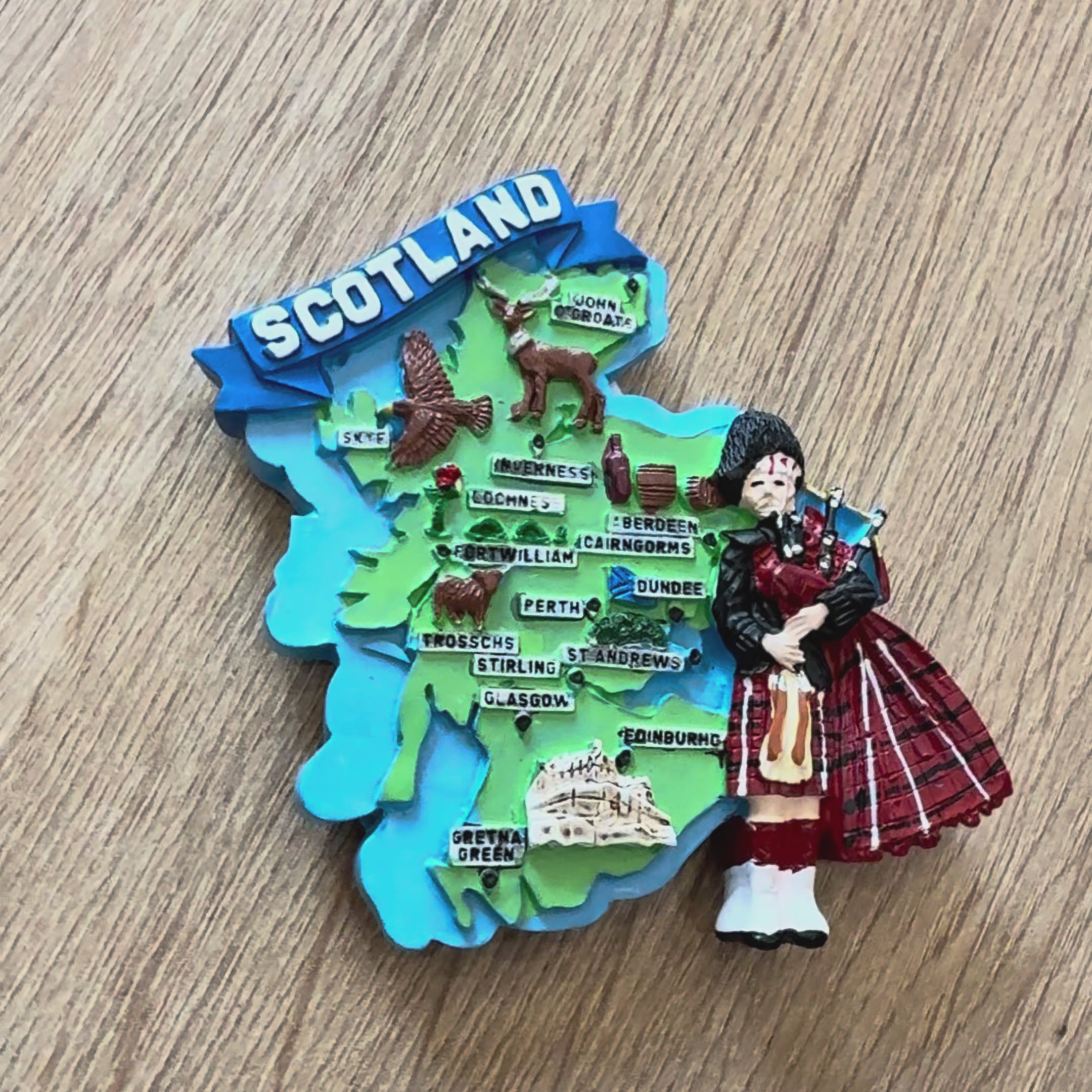 Scotland Polyresin Fridge Magnet with Map with Bagpiper & Landmarks